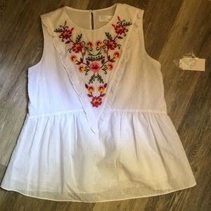 White Tank Top with floral stitches design.